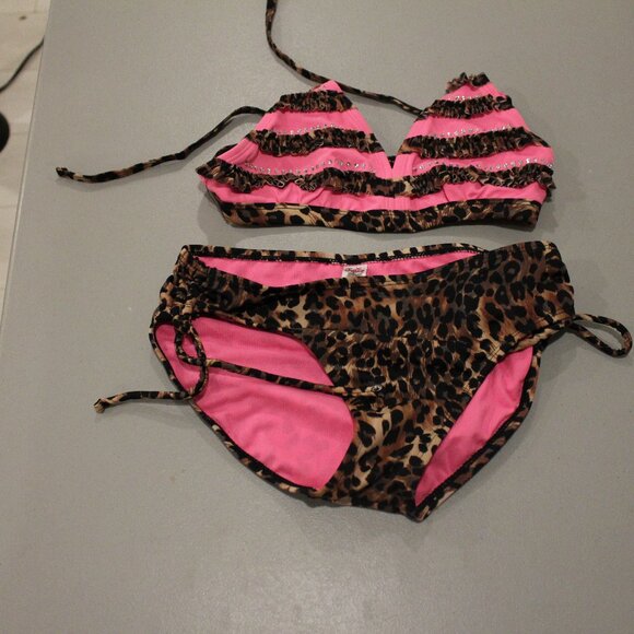 Brown & Pink 2 Pcs Justice Bikini9 Swimsuit Size 12/14 - Picture 1 of 11